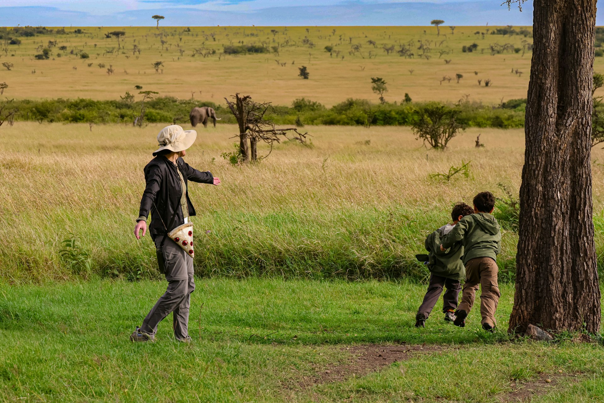 a group of people standing on top of a lush green field closed to an elephant in africa